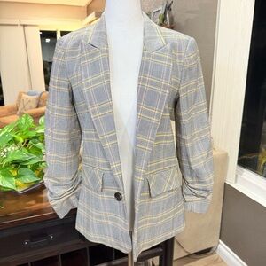 1.State Cassia Pink Yellow Black Double Breasted Rouched Sleeve Preppy Blazer S